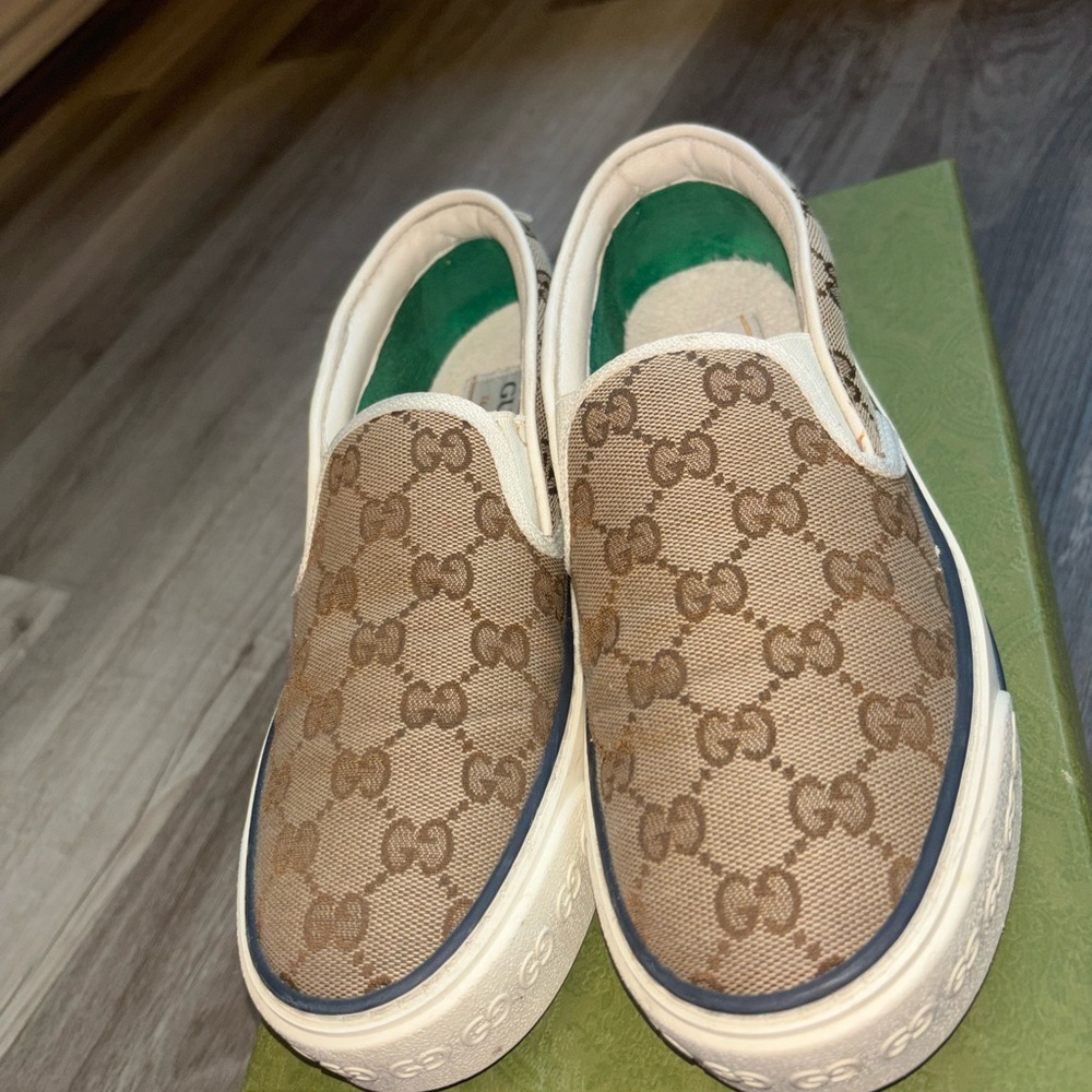 Gucci Beige Monogram Slip-On Shoes